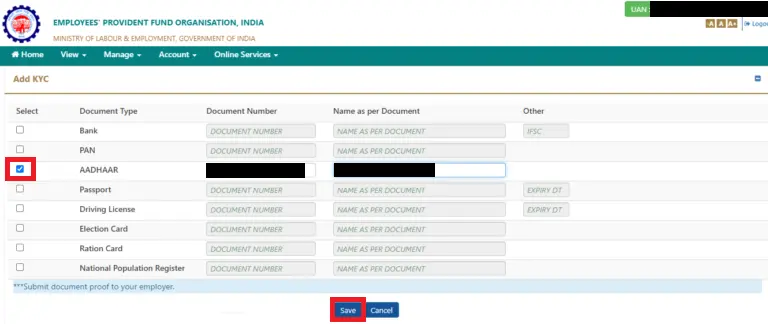 epfo online kyc with aadhaar card