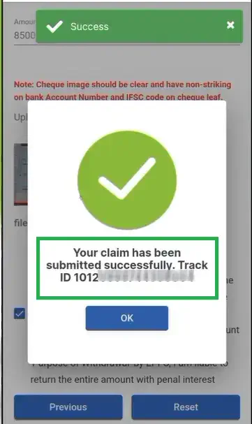 pf claim successful message