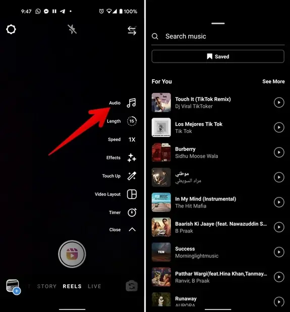 add trending music to reels